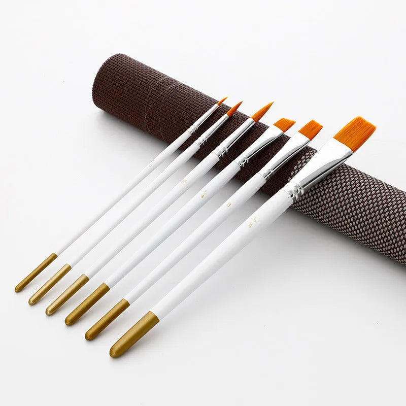 Set of six paint brushes with wood handles and nylon bristles, showing different sizes from very fine to broad flat.