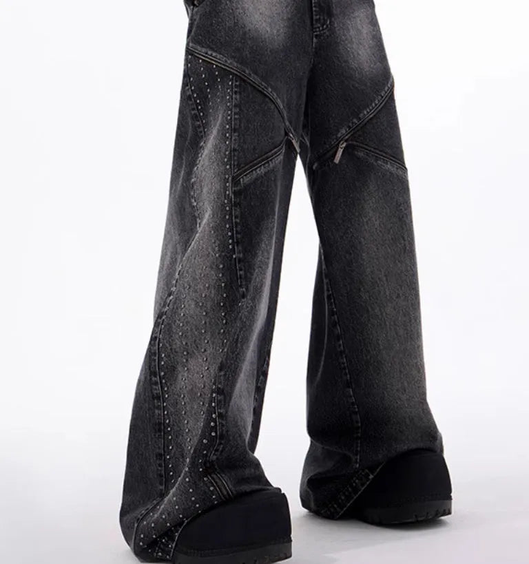 Women's black and grey washed denim wide leg pants with matching vest in Korean style