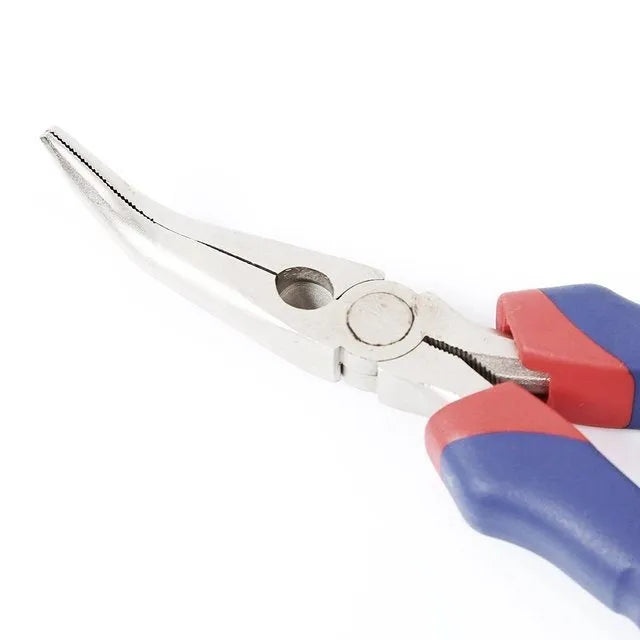 Blue handled curved nose pliers with angled tips for electronics and jewellery work