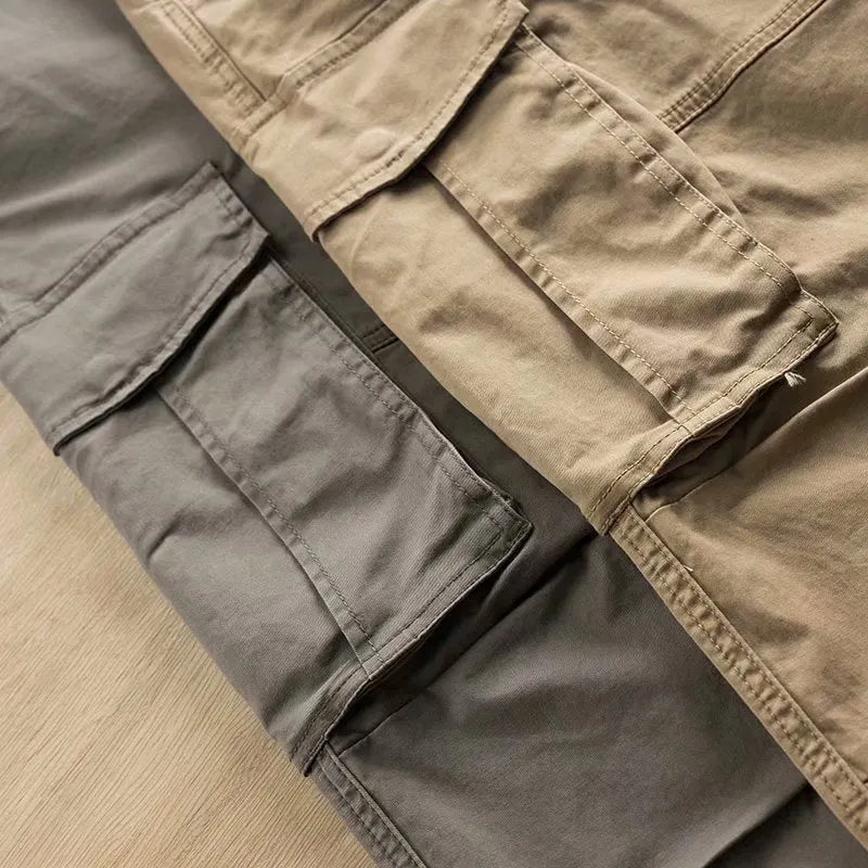 Men's solid-colour cotton work trousers with multiple pockets in cropped length