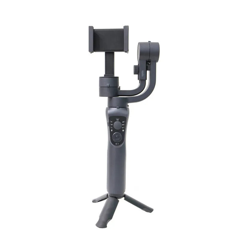 Black three-axis handheld gimbal stabilizer for mobile phones showing 10.8cm length by 7cm width dimensions