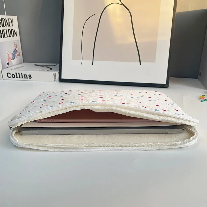 Women's polka dot polyester laptop bag shown in three sizes for 11-inch, 13-inch, and 15-inch laptops.