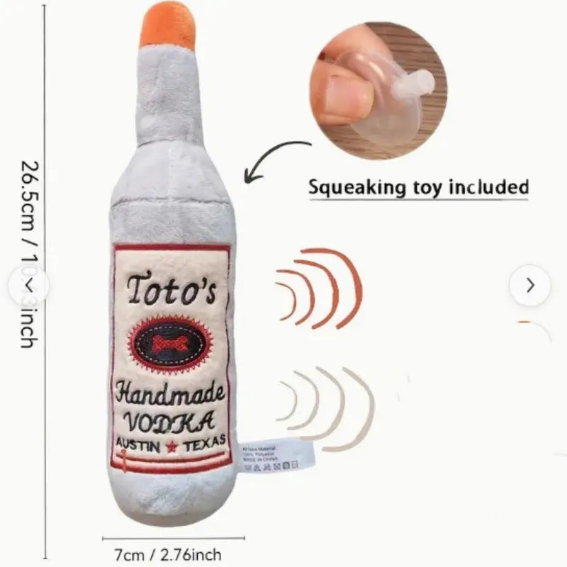 Brown wine bottle shaped plush dog toy with textured molar-like chewing surface