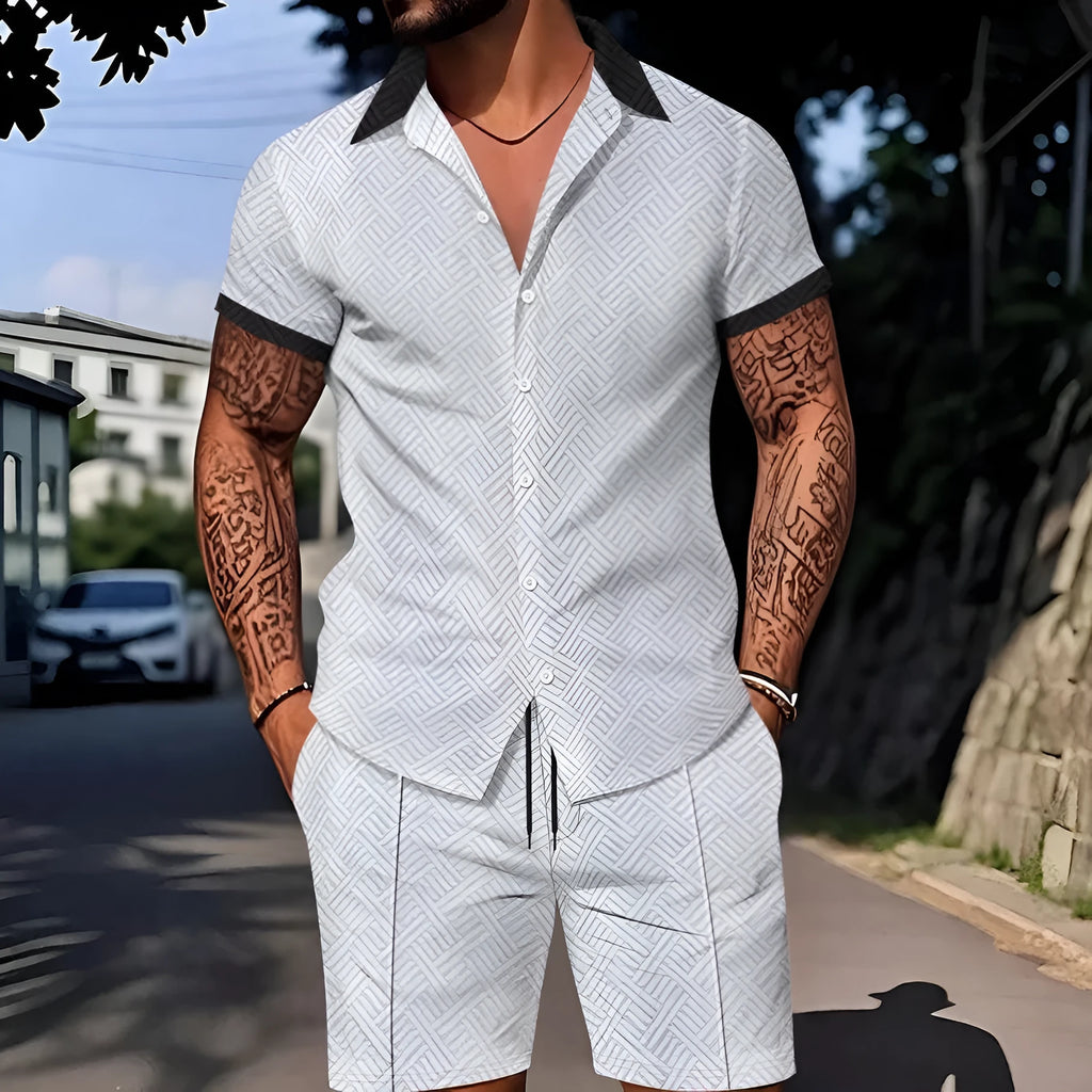 Men's digital printing short sleeve suit set with coordinating shorts in cotton blend fabric