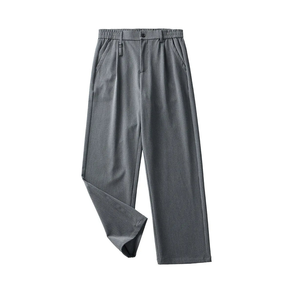 Black draping straight-leg business casual trousers on hanger