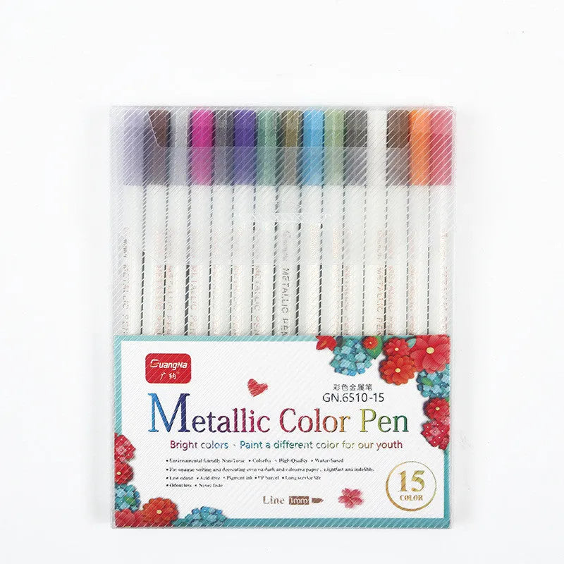 Boxed set of black card album colour metal-tip pens with plastic shells for office and stationery use.