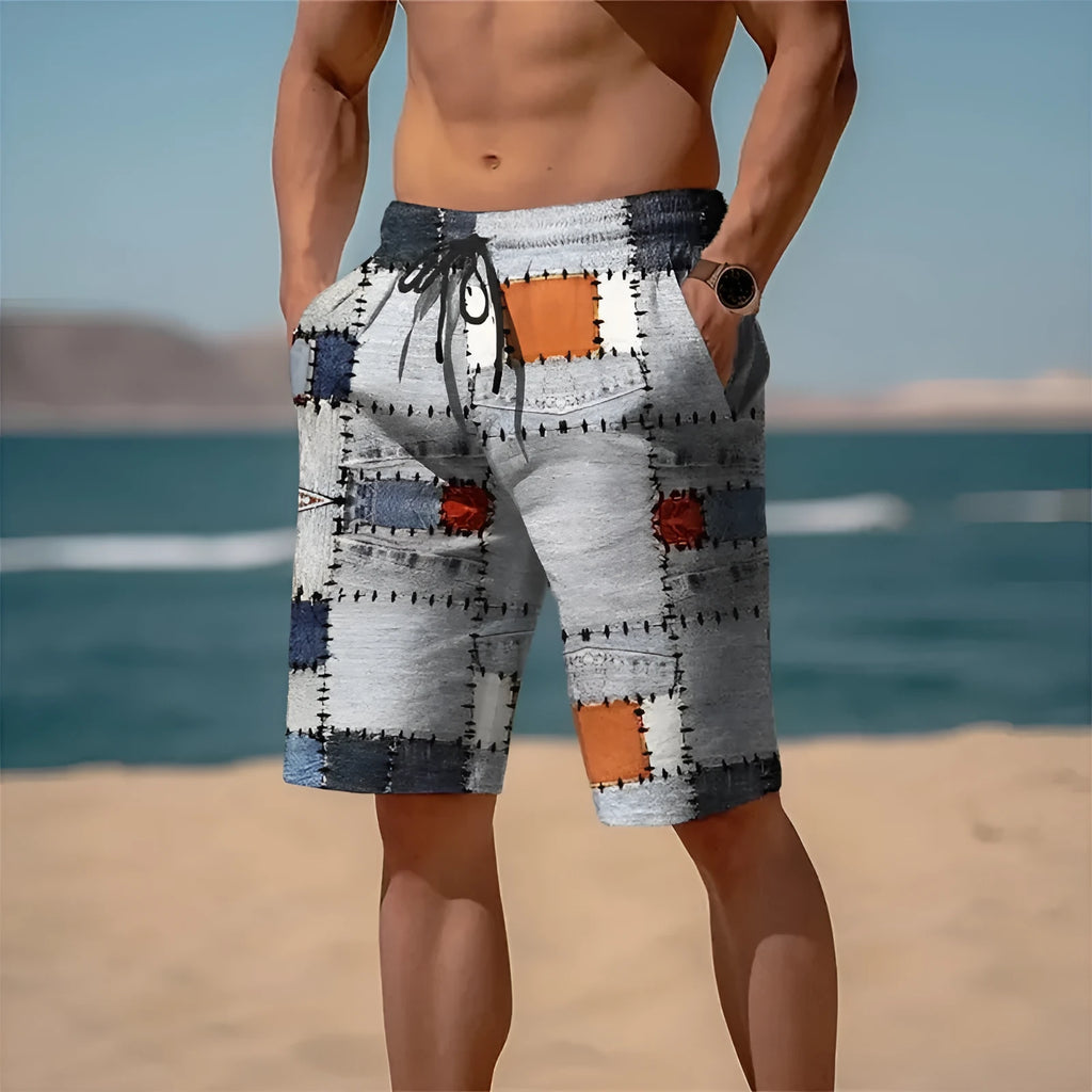Men's 3D plaid pattern mesh shorts in a loose fit for summer, shown in one of four available colours.