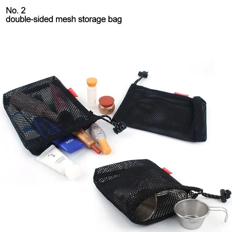 Red outdoor travel storage bag set with five organisers showing zipper closures and multiple internal pockets