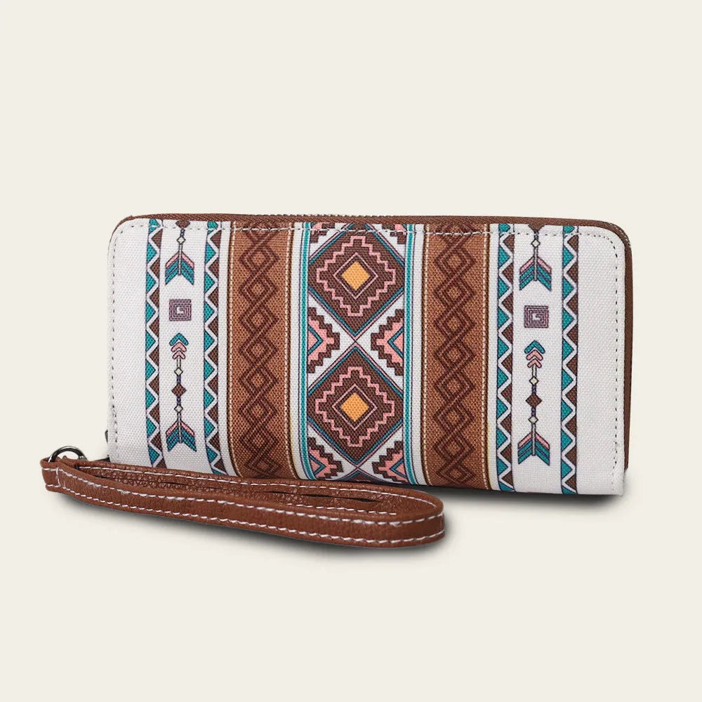 Bohemian Wind Belt RFID wallet in canvas with striped pattern, showing interior card slots and 20x10x2cm dimensions