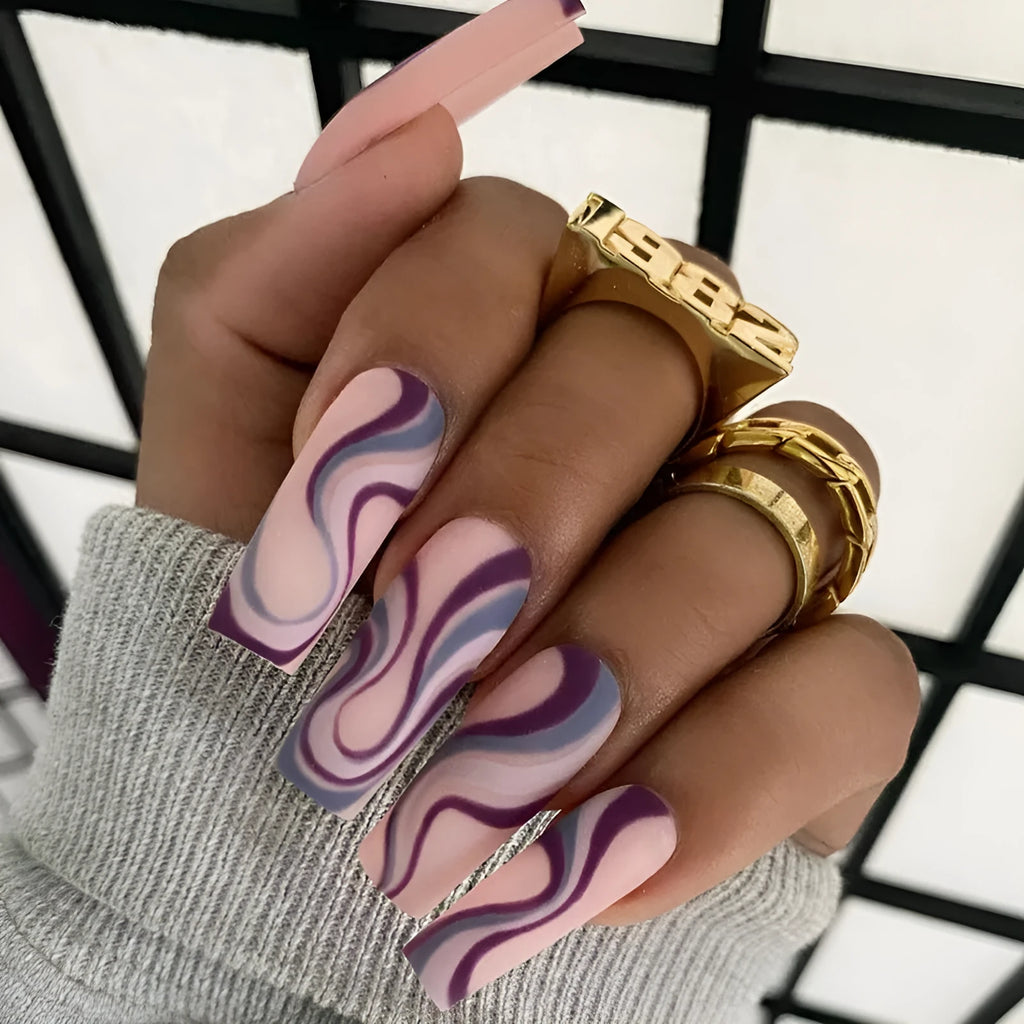 Ballet W067 Wave Line design nail stickers and jelly glue sachets on pink background