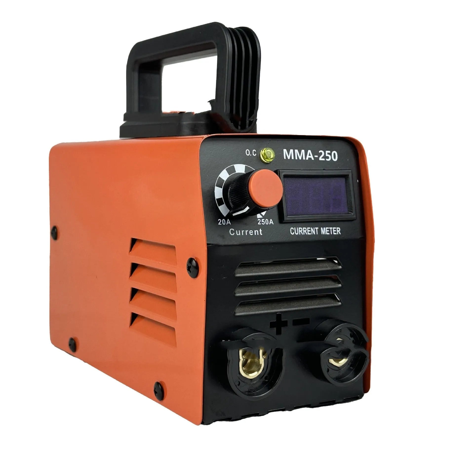Portable MMA-250 style 110V welding machine with mask, hammer, gloves, and cables.