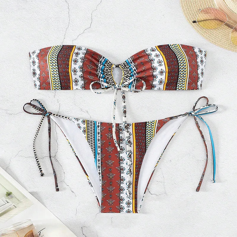 Women's mixed colour swimsuit with lace-up front and split high-cut legs