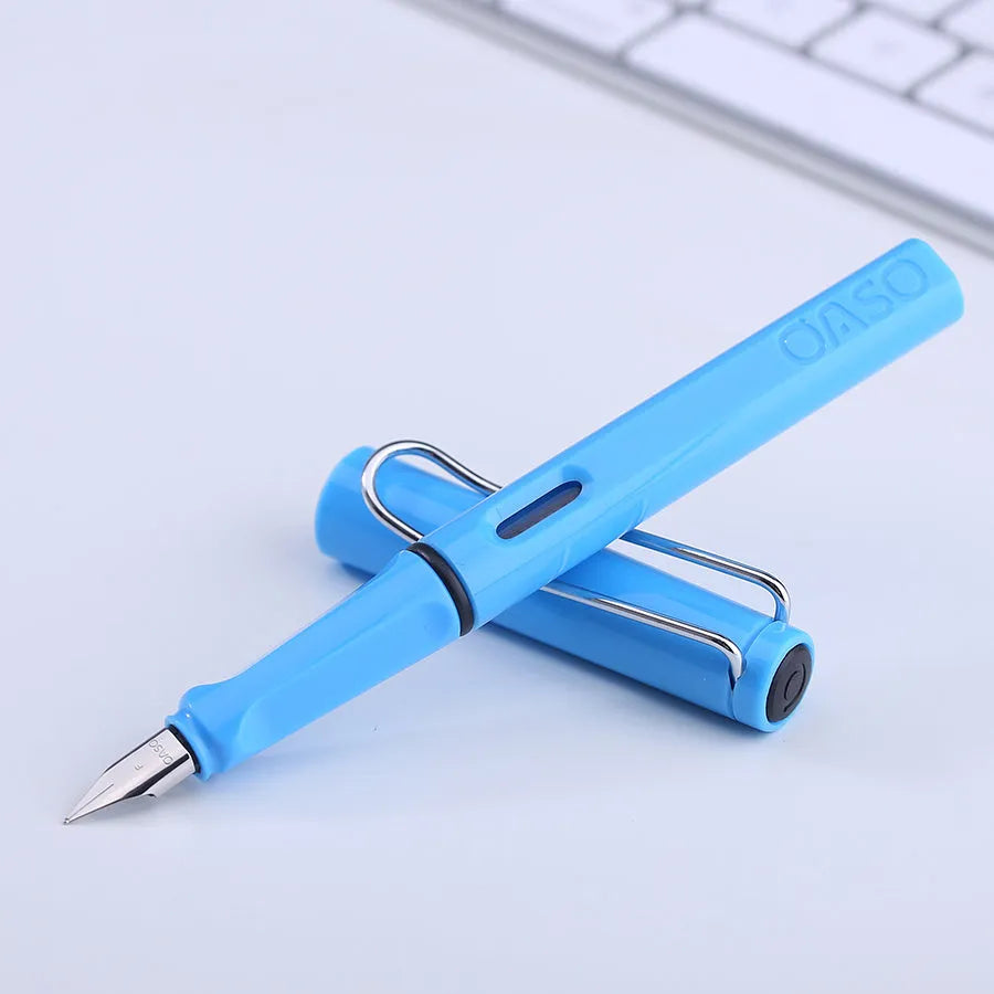 0.5mm ink sac pen with plastic body in six colours showing steel nib and refillable ink bag system