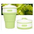 Green collapsible silicone travel cup folded to 6cm height next to expanded 350ml version with leak-proof cover