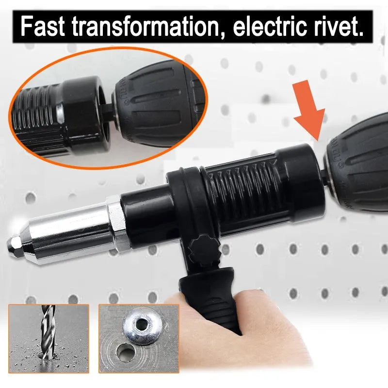 Black electric drill rivet gun with 173mm alloy steel head and adapter for fast transformation