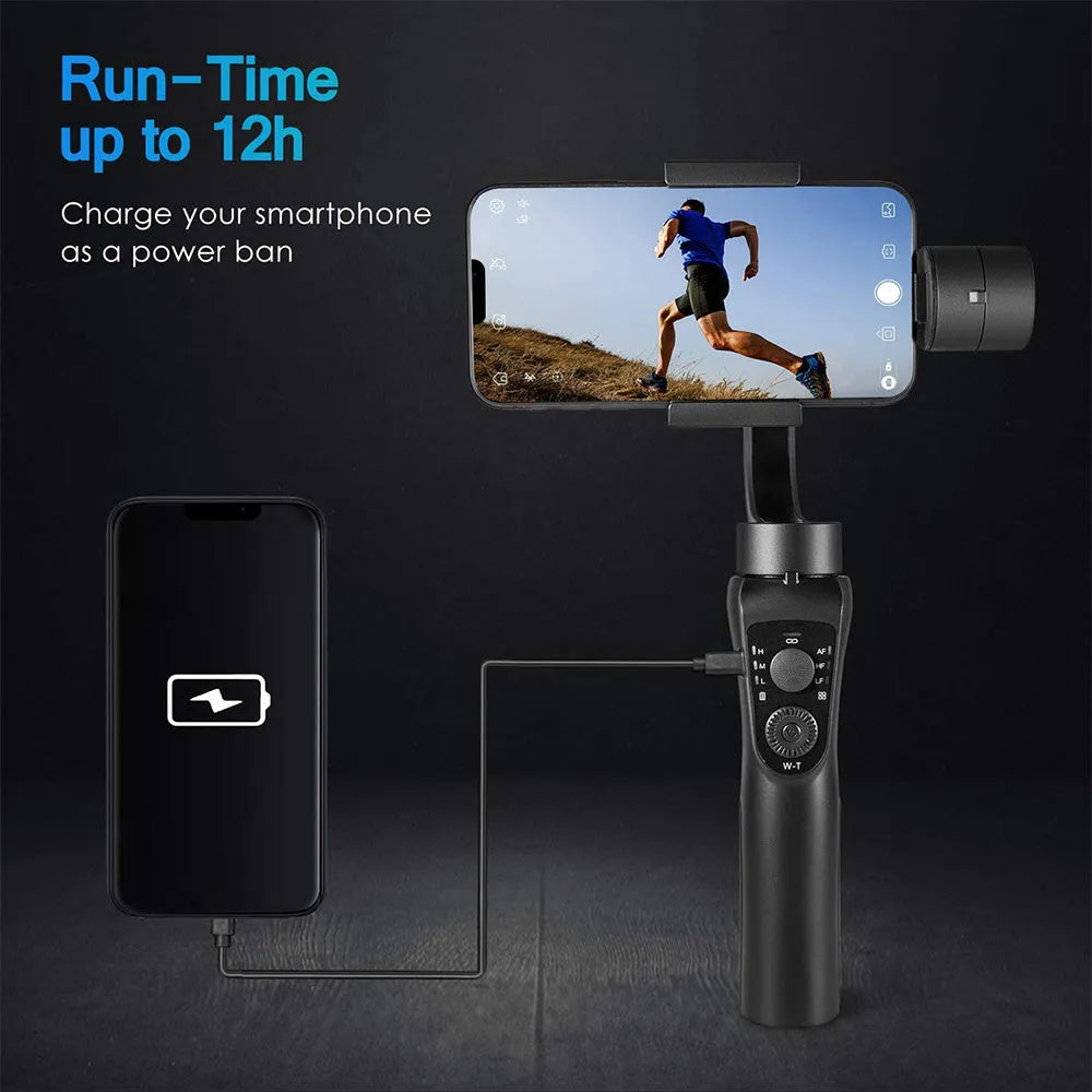 Black three-axis handheld gimbal stabilizer for mobile phones showing 10.8cm length by 7cm width dimensions