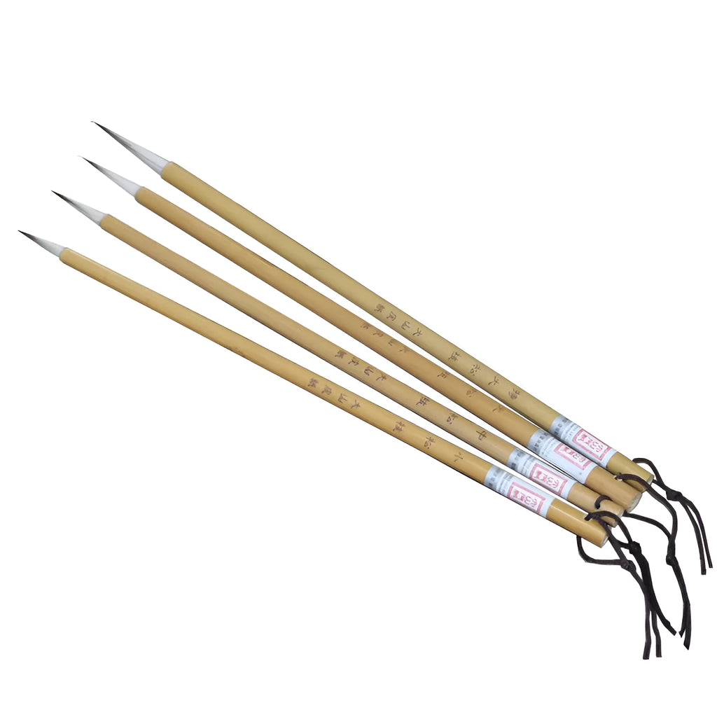 Set of four gold body writing brushes with wolf hair bristles in pine branch colour