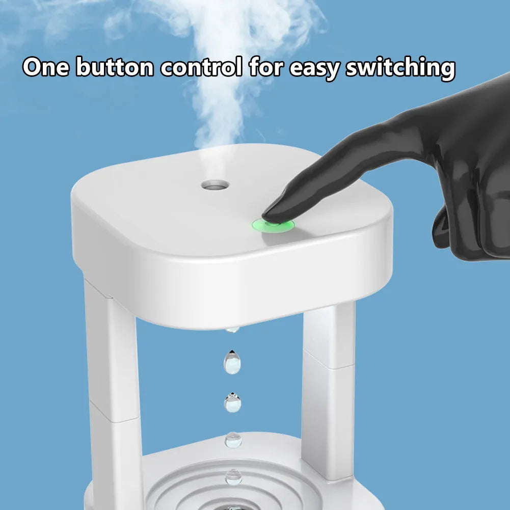 White anti-gravity water drop humidifier with floating droplets illusion and USB cable