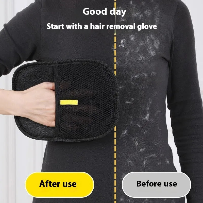 Black pet hair remover glove with soft silicone bristles on a hand, showing the dual-sided design.