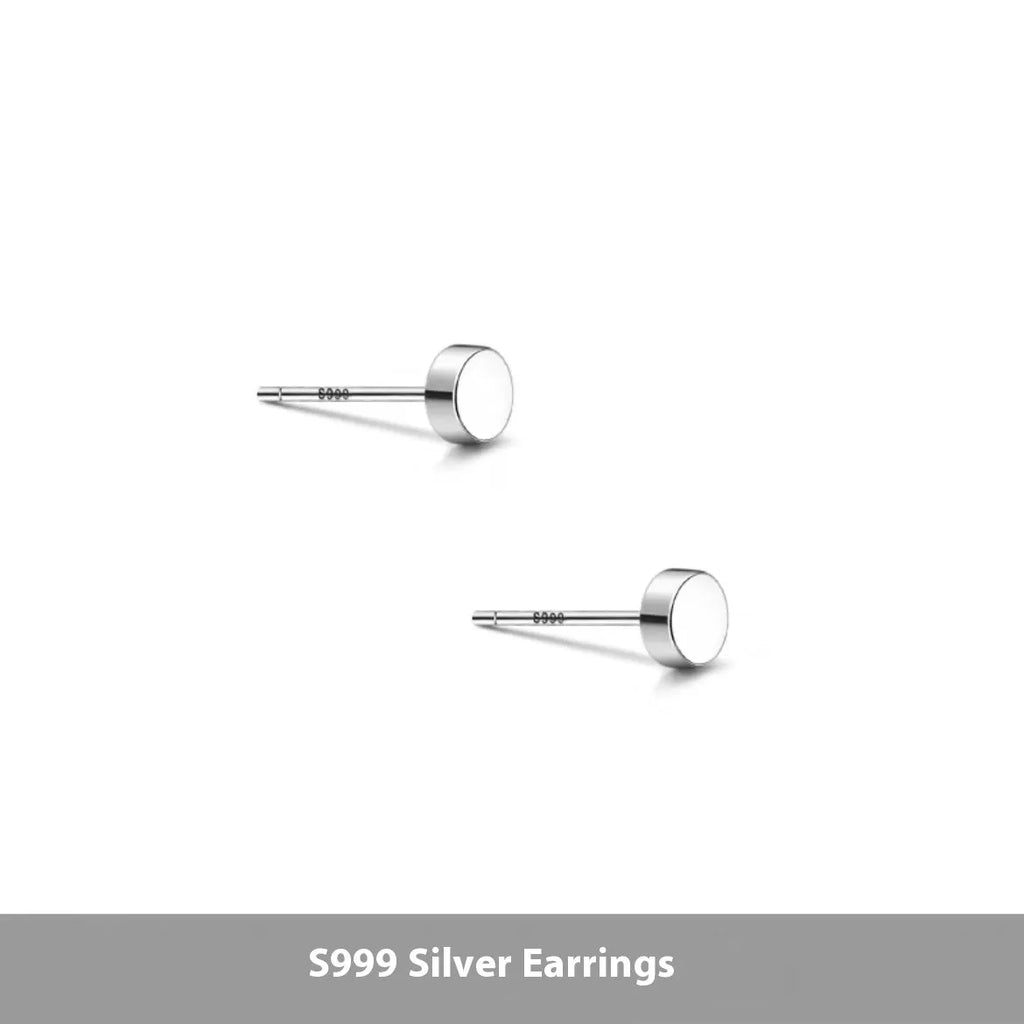 S999 sterling silver flat round ear studs in silver and black colours showing 3mm to 8mm size options