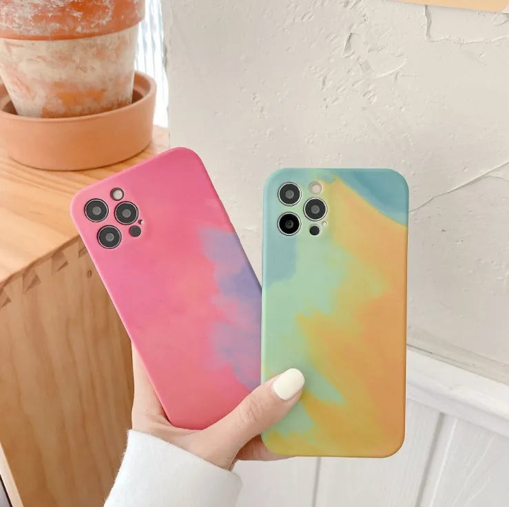 Silicone iPhone case with oil painting gradient geometry pattern in blue, green, pink, or purple