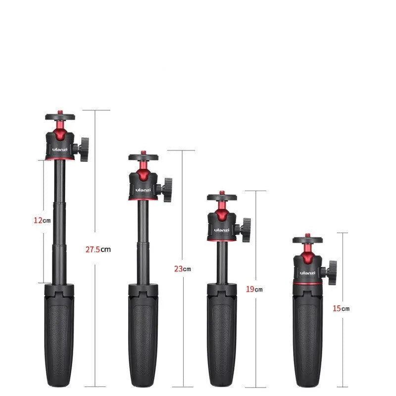 Black red and white aluminium and ABS plastic desktop tripod with extended selfie stick for mobile phones.