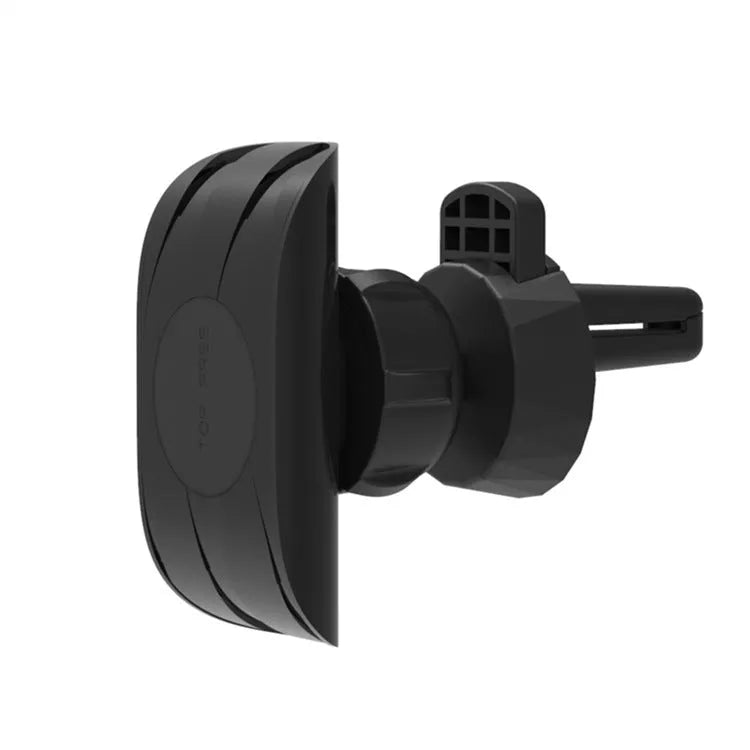 Black car phone holder attached to vehicle air vent with smartphone securely mounted