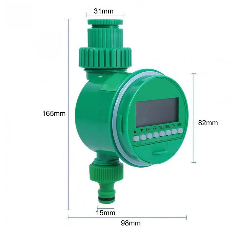 Green automatic watering timer device for drip irrigation systems with household water flow compatibility