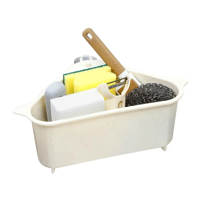 Plastic triangle kitchen sink storage rack with ventilated design for sponges and soap