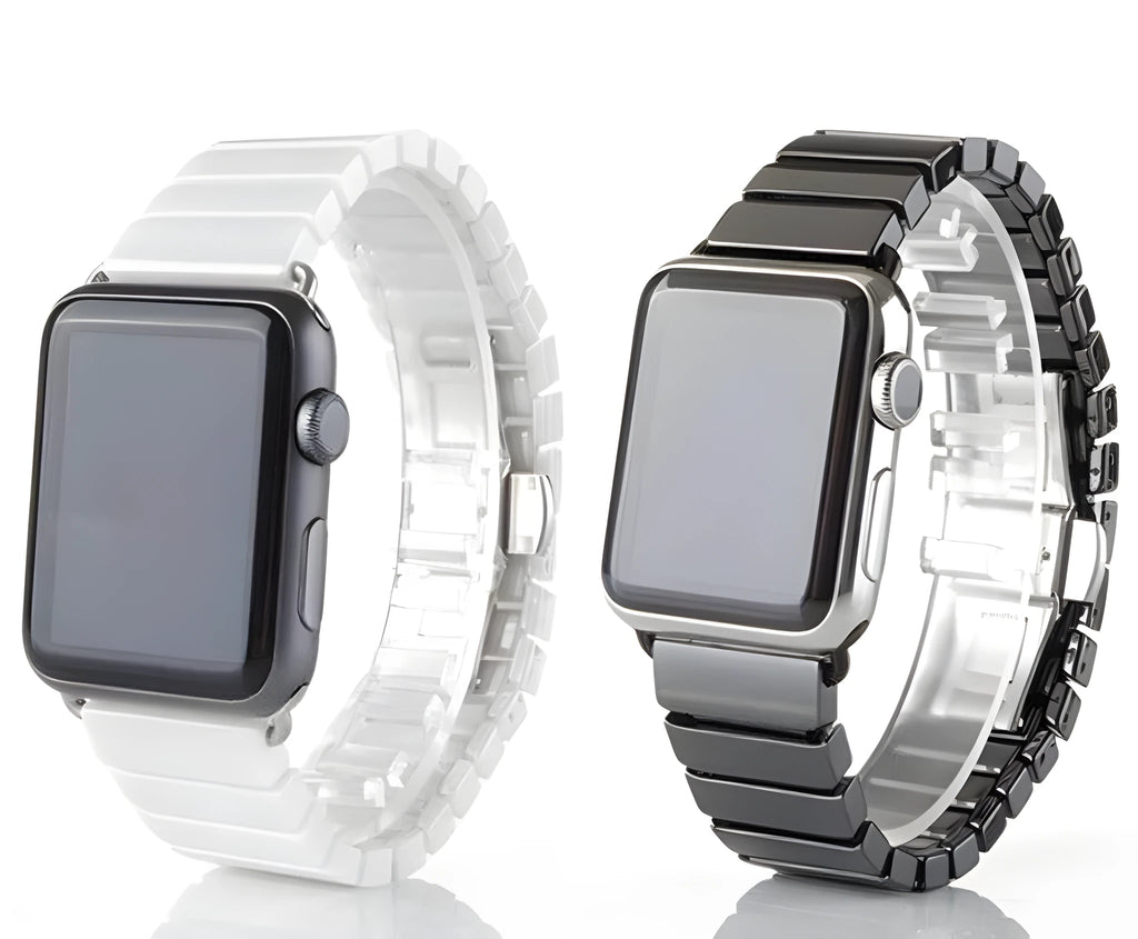 Black ceramic chain link Apple Watch strap with stainless steel clasp on a 42mm watch.