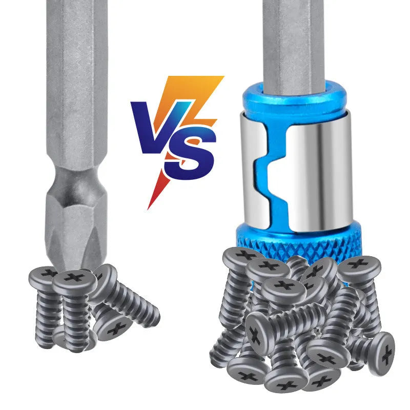 Light blue magnetic screwdriver bit with slotted head and hex shank for tool attachment