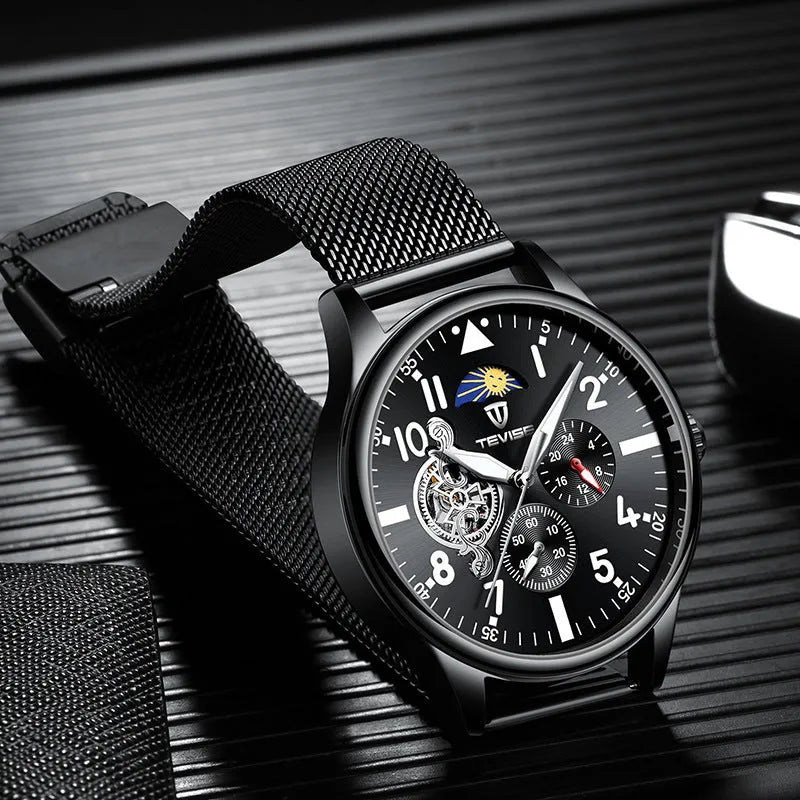 Black men's mechanical watch with moon phase display and luminous hands