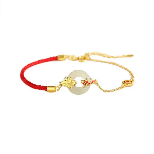 Gold electroplated 925 silver women's bracelet with koi and peace buckle design on adjustable red rope