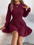 Solid colour lantern sleeve sweater dress with elastic waist in black, grey, or wine red, showing mid-length street fashion style