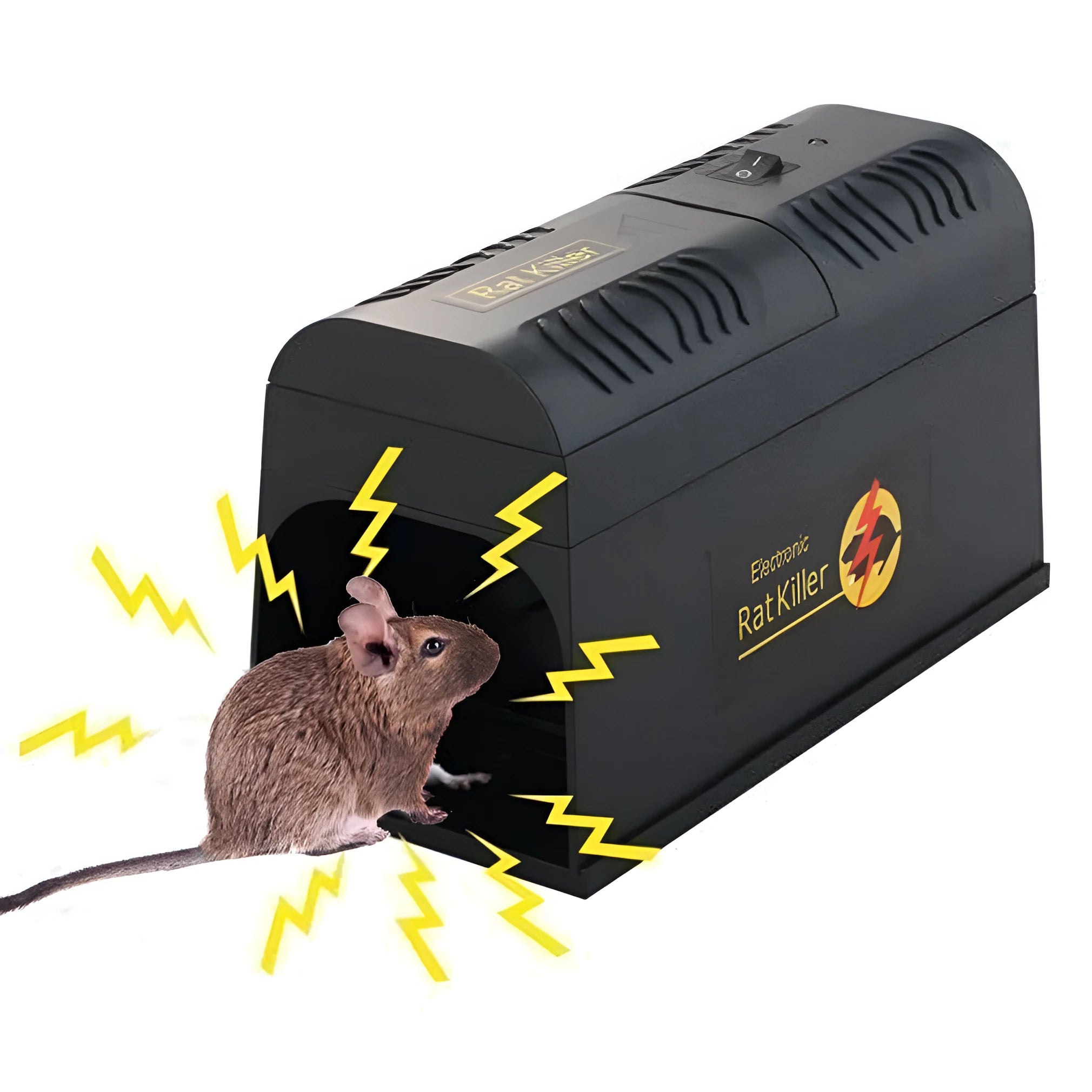 Black high voltage electronic rodent killer device with choice of UK, EU, or US plug.