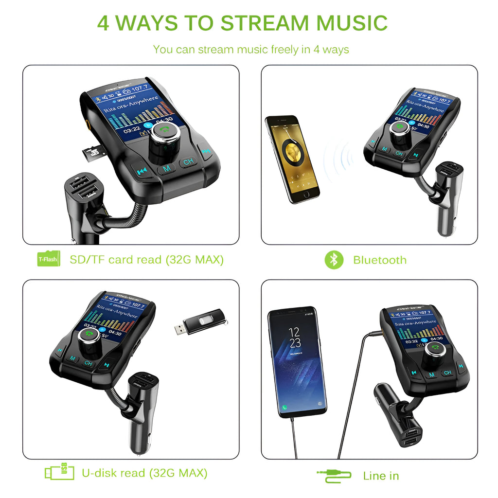 Car Bluetooth FM transmitter with colour screen plugged into car cigarette lighter
