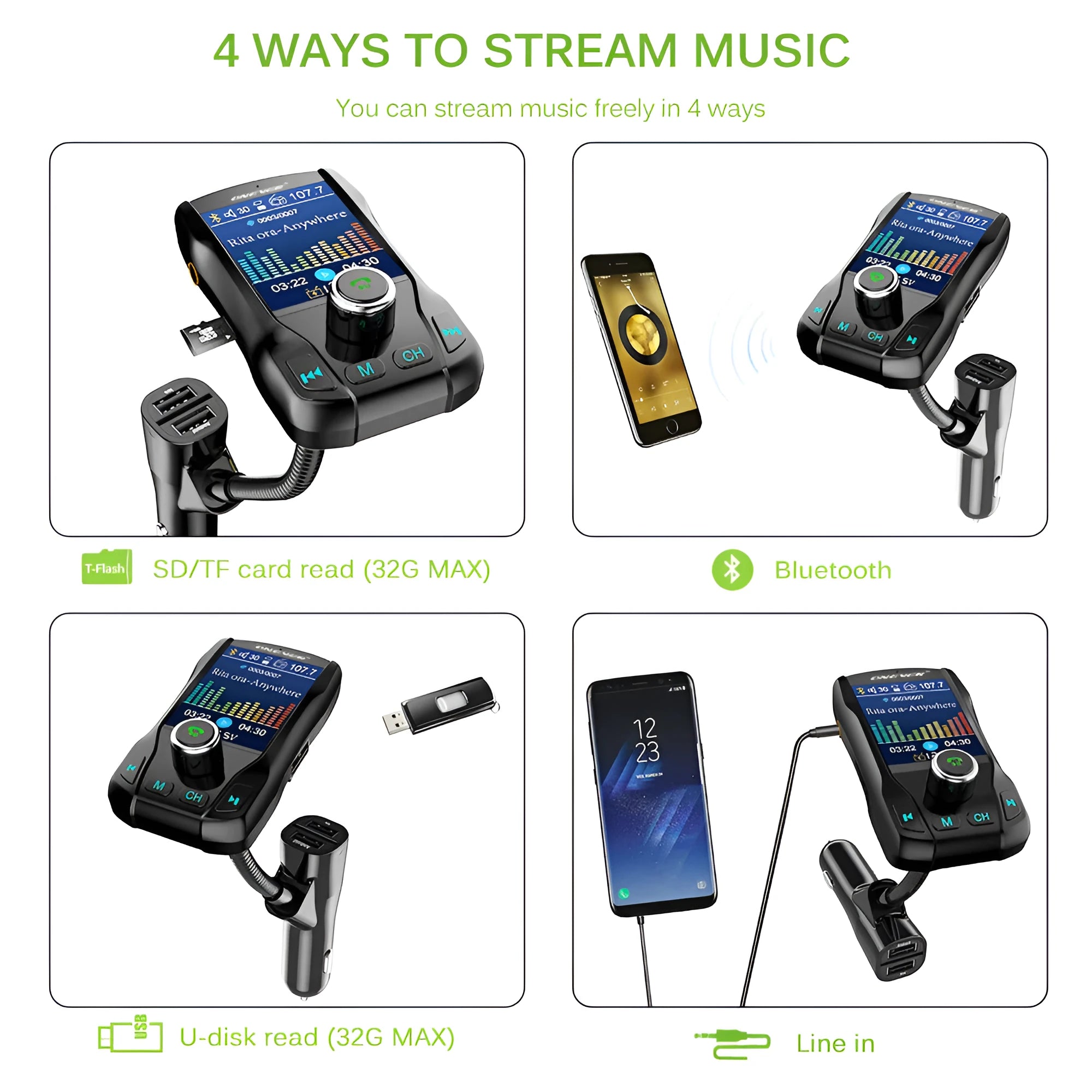 Car Bluetooth FM transmitter with colour screen plugged into car cigarette lighter