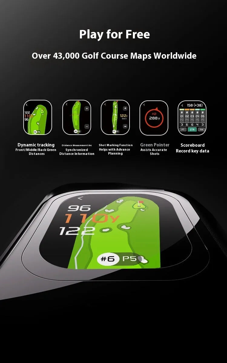 GenePro G1 black GPS rangefinder showing 2.13-inch AMOLED screen with distance measurement display