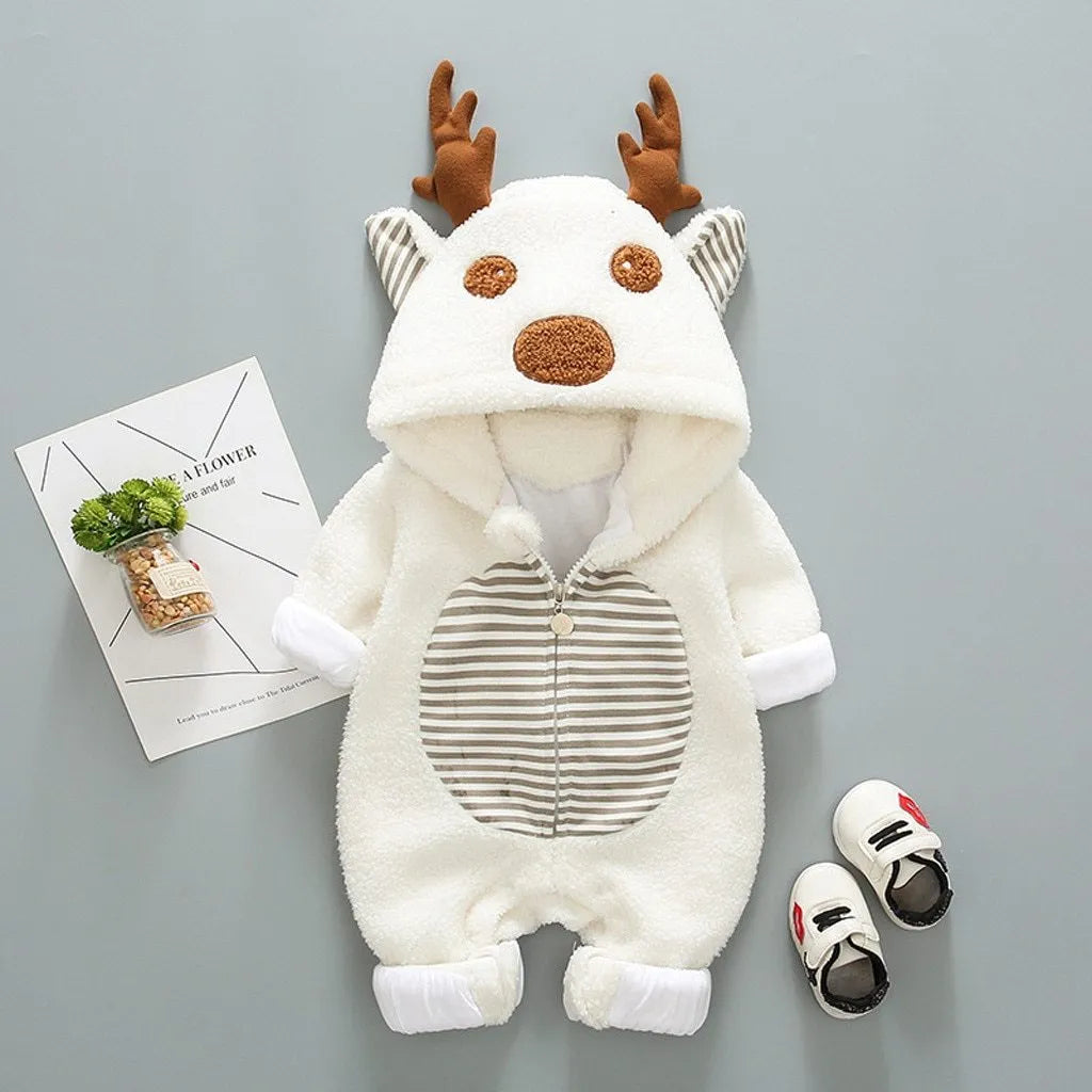 Baby wearing a long-sleeve cotton blend romper with a lace-up strap closure
