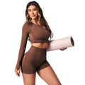 Women's high-waisted yoga suit in nylon-spandex blend available in black, brown and purple colours