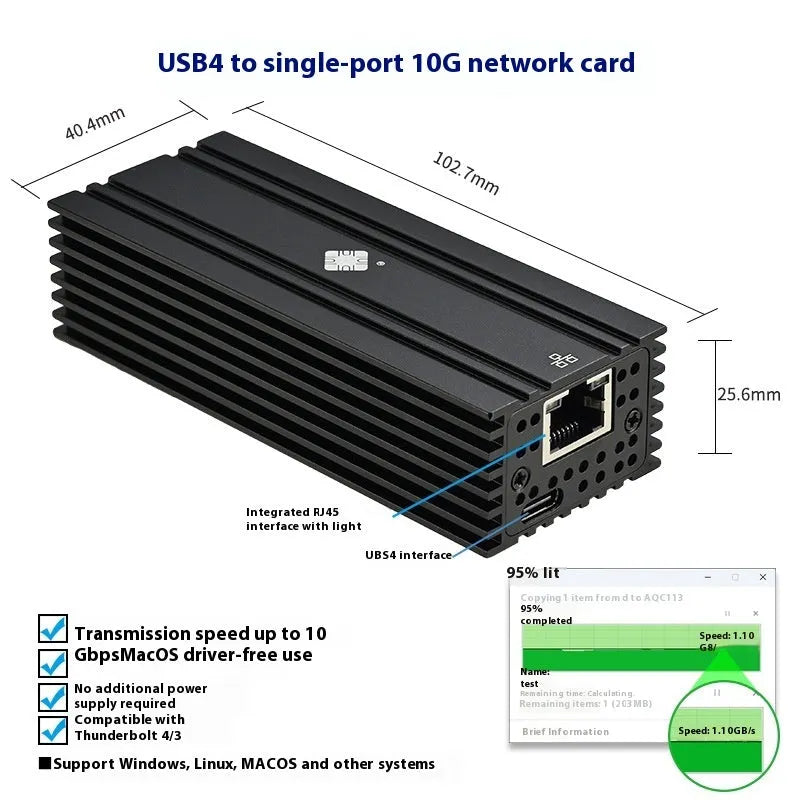 Leyu USB4 network adapter with 10 Gigabit Ethernet port, black colour, compact size with attached cable