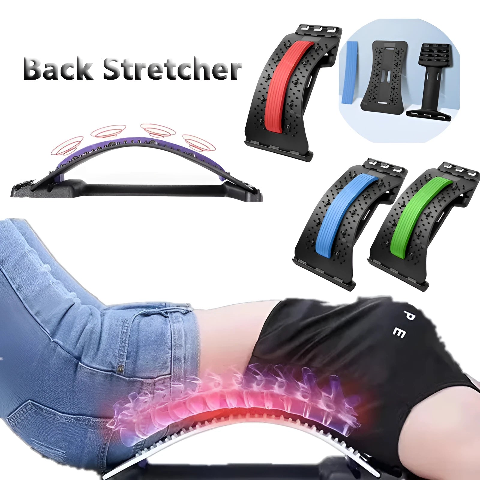 Adjustable back stretcher with 8 massage heads in blue, green, pink, purple, or red colour options