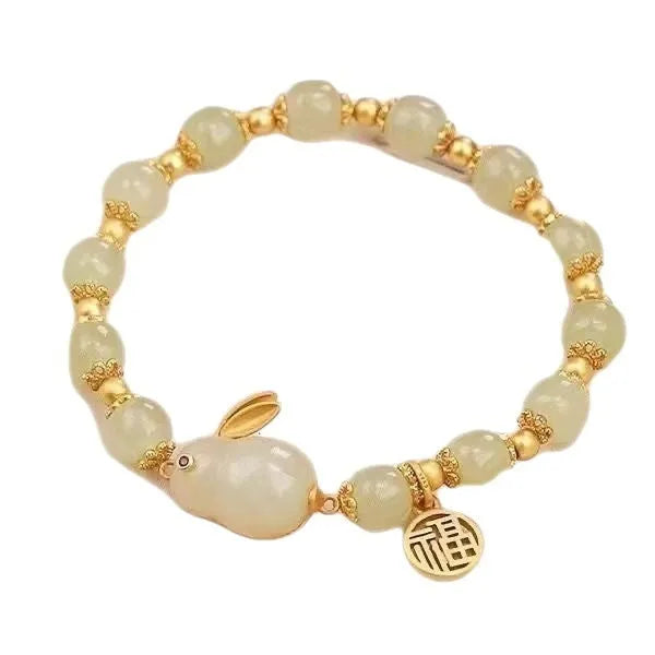 Green Jade Hare bracelet for women with Chinese-style zodiac animal design and electroplated finish
