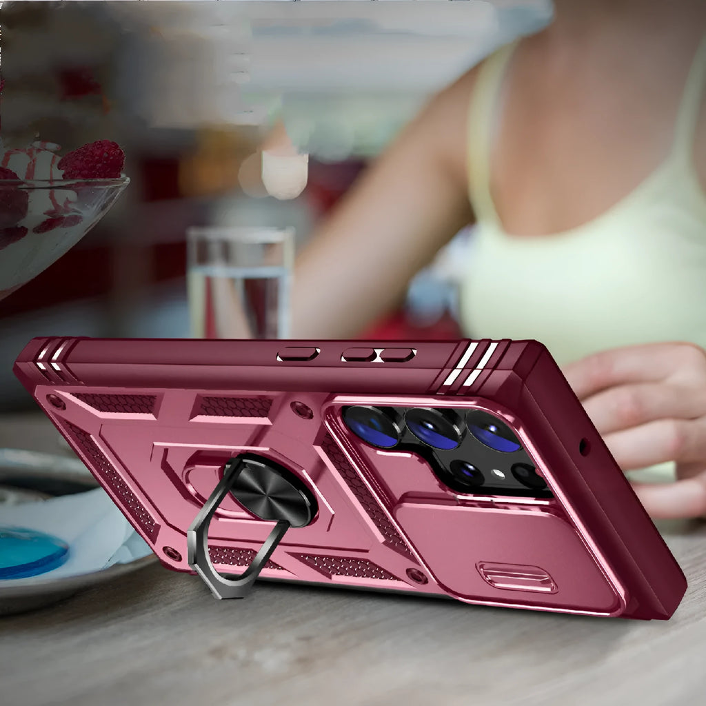S24 Ultra phone case in black with sliding window bracket and drop-resistant PC cover