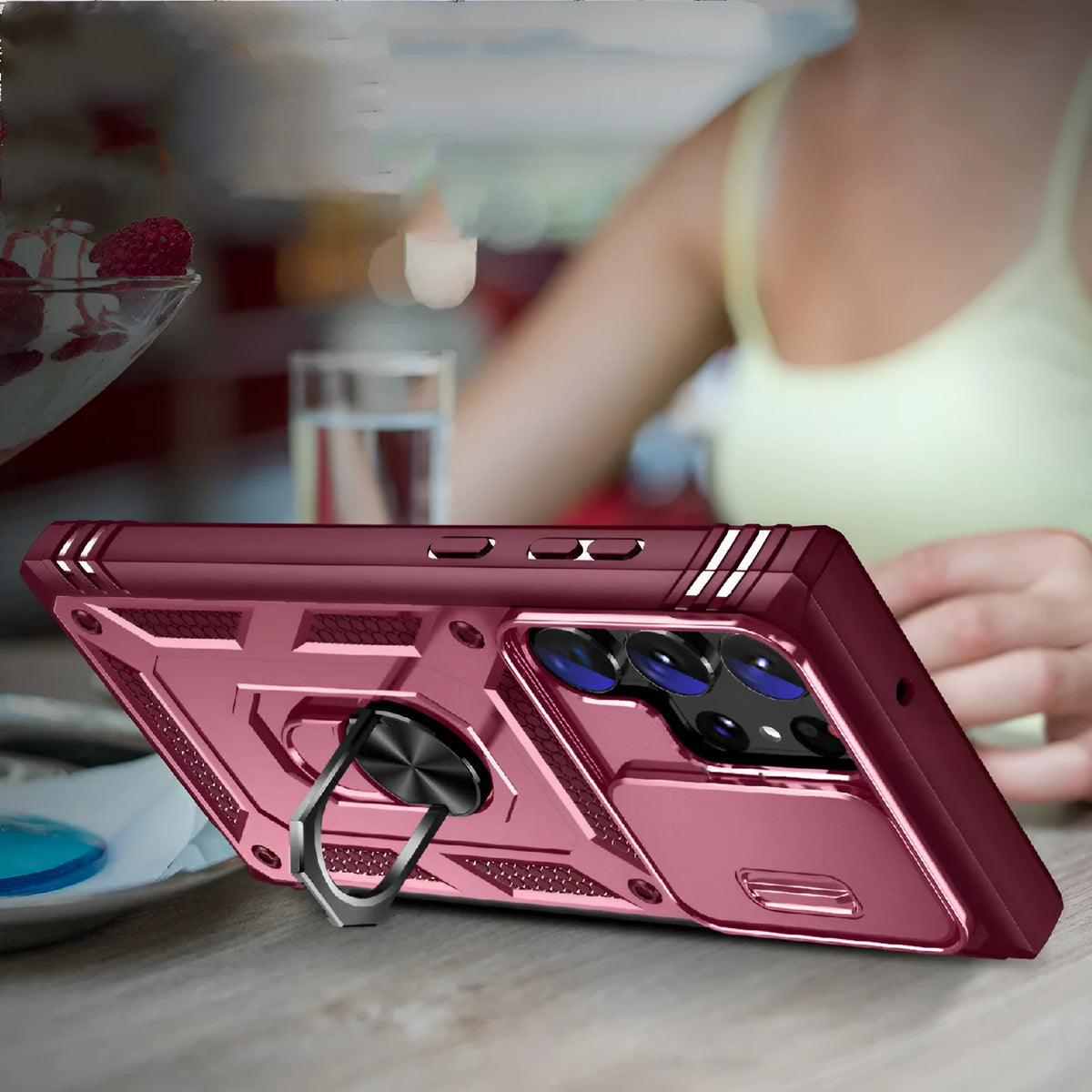 S24 Ultra phone case in black with sliding window bracket and drop-resistant PC cover