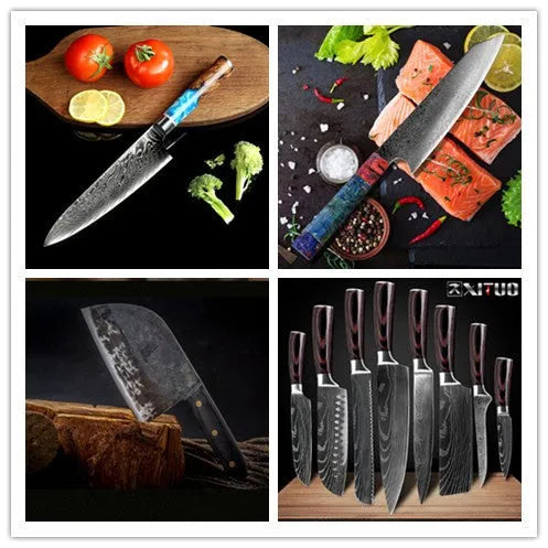 Kitchen knife set with chef's knife, meat cutter, bread knife, Japanese style knives, vegetable knife, and fruit peel knife