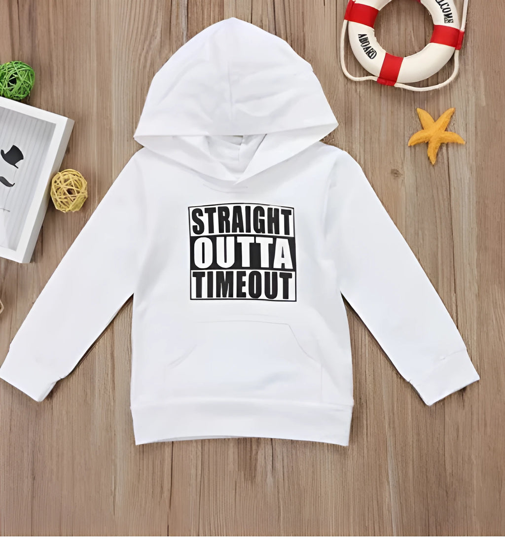 Boy's black hooded sweater with white letter pattern, long sleeves, and pullover neck.