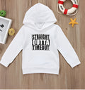 Boy's black hooded sweater with white letter pattern, long sleeves, and pullover neck.