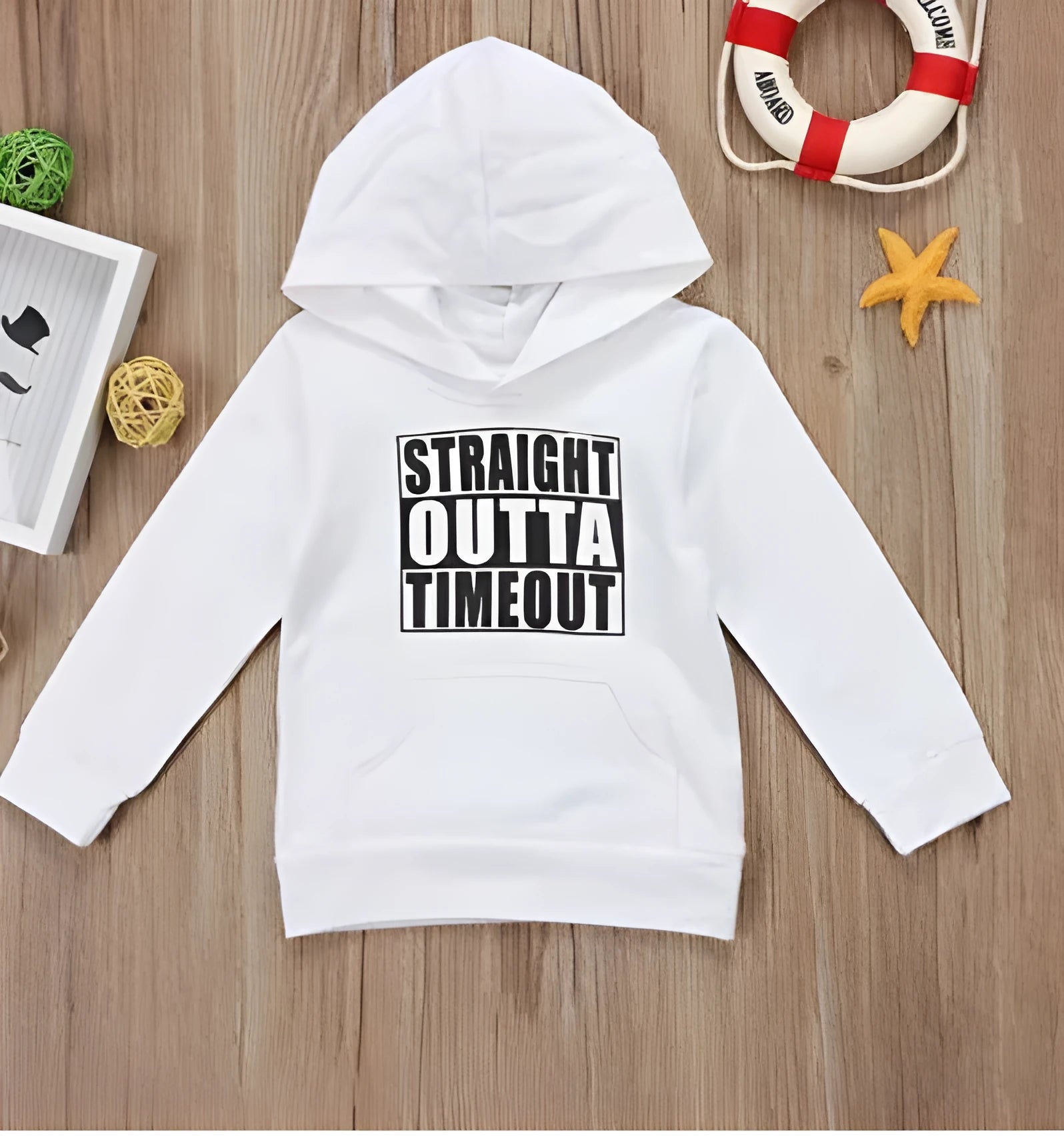 Boy's black hooded sweater with white letter pattern, long sleeves, and pullover neck.