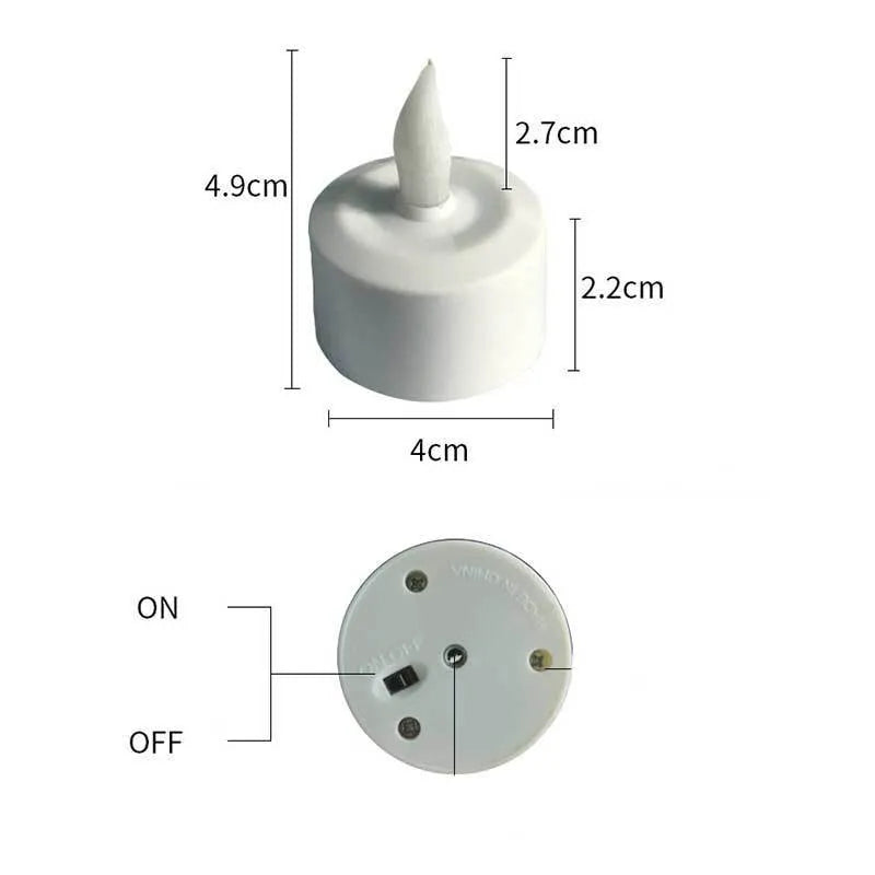 White plastic USB rechargeable LED candle lamp with flame-shaped head next to plastic cup and USB cable.